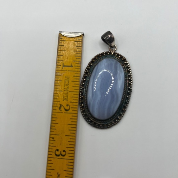 Vintage Sterling Silver Blue Lace Agate Pendant Oval Beaded Edge Setting 925 - Picture 5 of 5